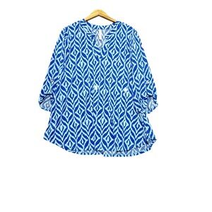 Dear Scarlett Tunic Top Size 2X Blue‎ Teal Artsy Curved Hem Geo Blouse Flowy